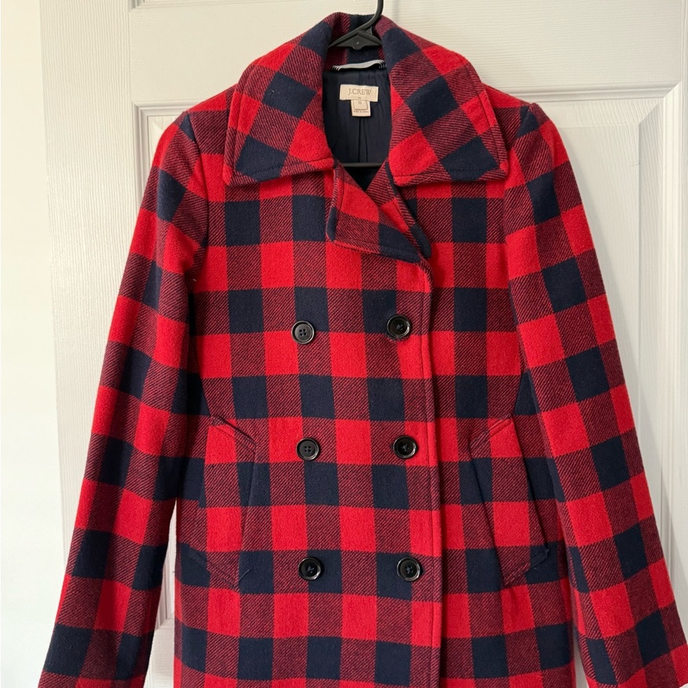 J. Crew Women's Red and Navy Plaid Peacoat